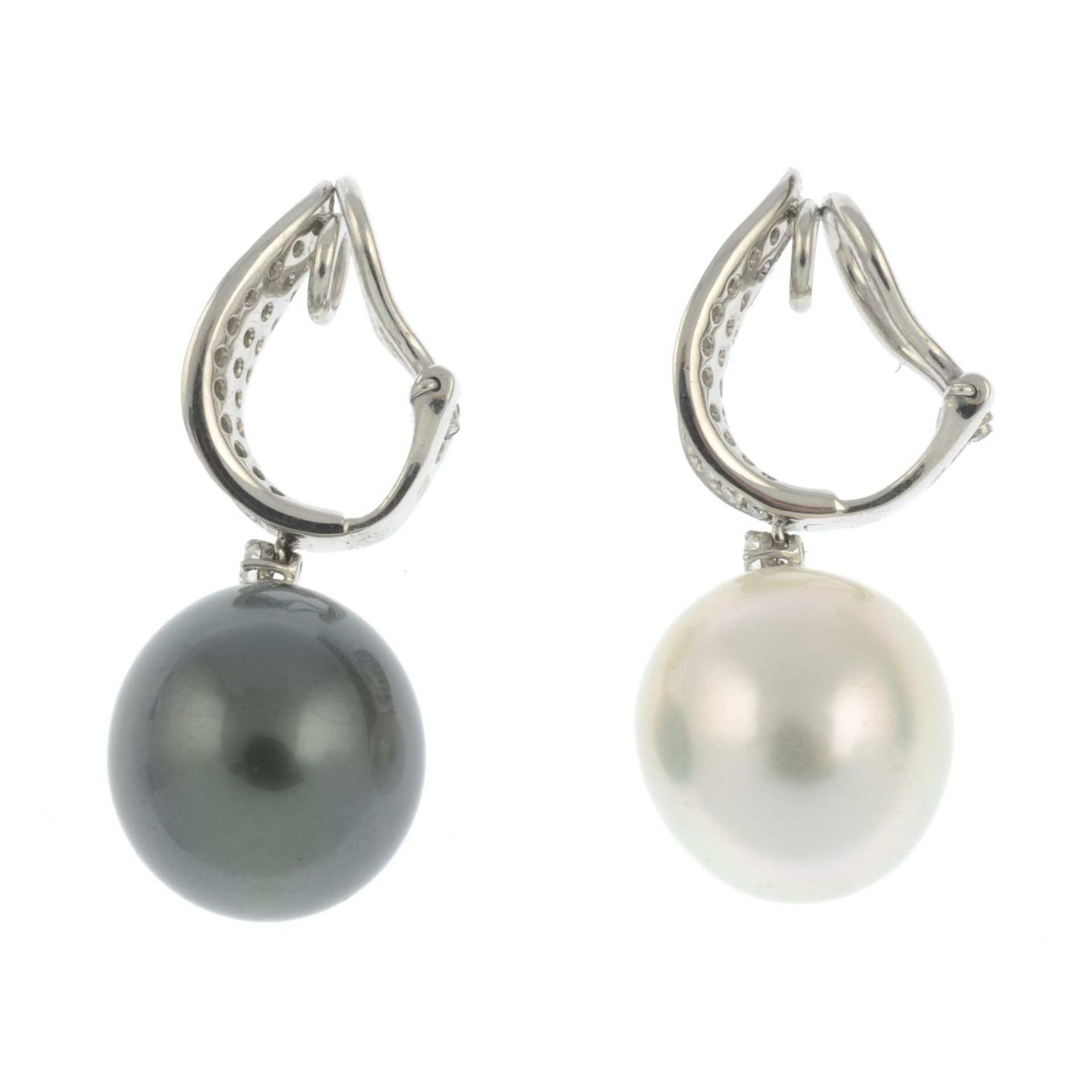 A pair of vari-hue cultured pearl and pave-set diamond earrings.Fittings for non pierced - Image 2 of 3