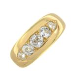 An early 20th century 18ct gold old-cut diamond five-stone ring.Estimated total diamond weight