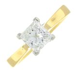 An 18ct gold square-shape diamond single-stone ring.With report 2005125,