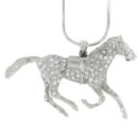 An 18ct gold pave-set diamond horse pendant, with 9ct gold chain.Pendant may be worn as a brooch.