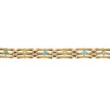 A turquoise and split pearl gate bracelet.Stamped 15C.Length 18cms.