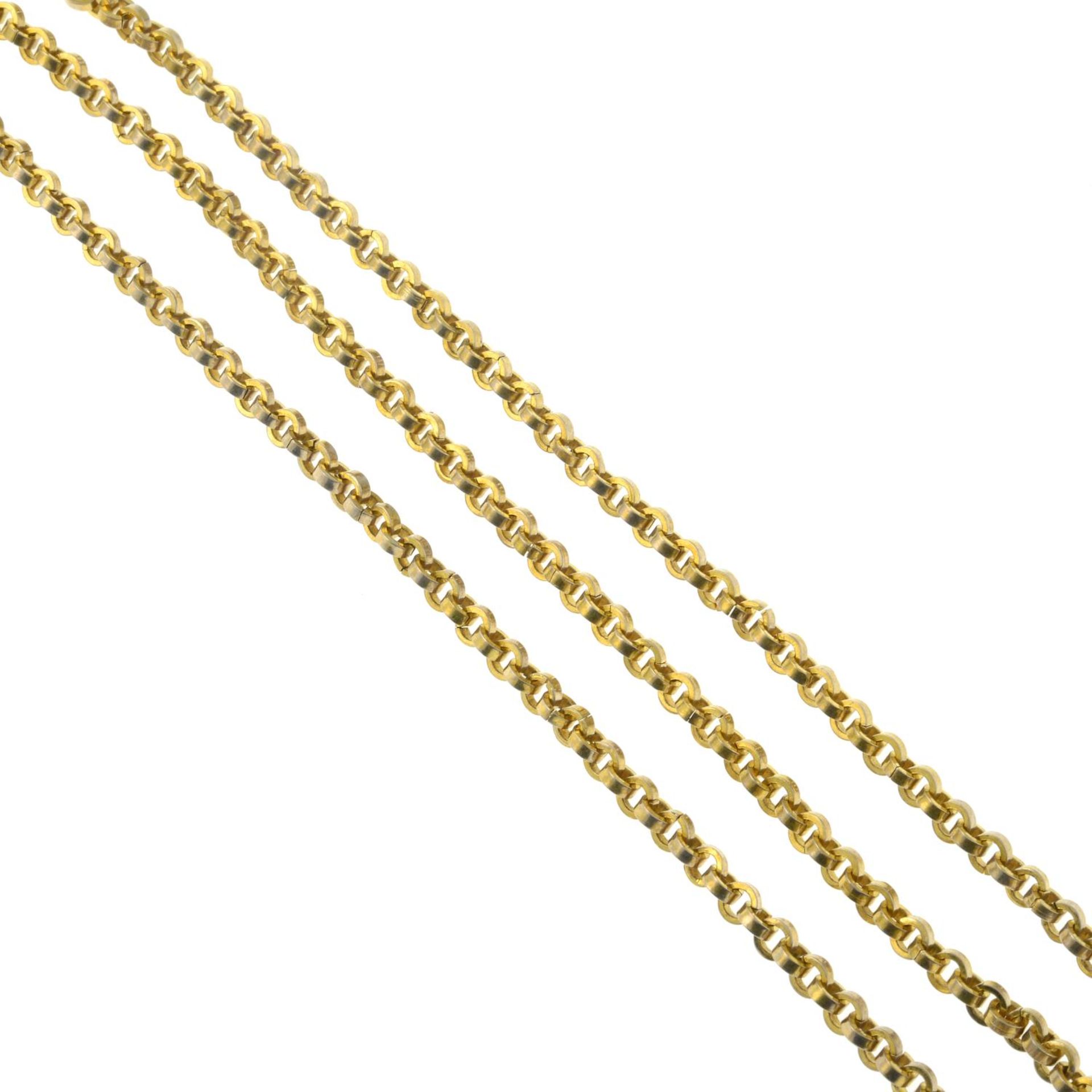 A late 19th century gold Albertina chain, suspending a T-bar and tassel drop.Length 25cms. - Bild 3 aus 3