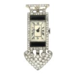 An onyx and single-cut diamond watch brooch.One diamond deficient.