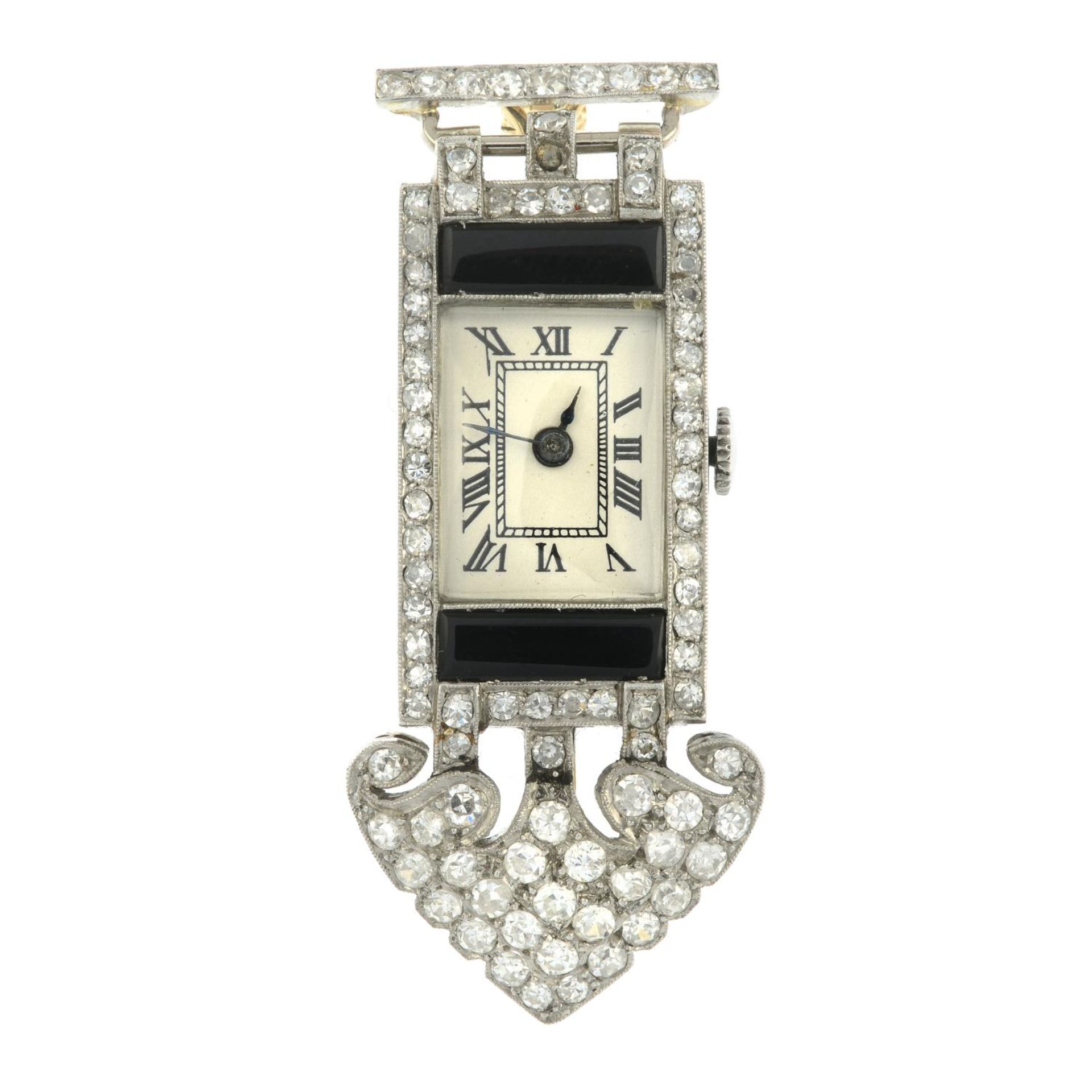 An onyx and single-cut diamond watch brooch.One diamond deficient.