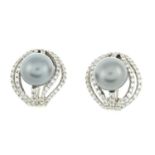 A pair of cultured pearl and brilliant-cut diamond earrings.Estimated total diamond weight