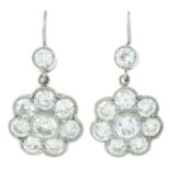 A pair of vari-cut diamond drop cluster earrings.Estimated total diamond weight 1.90cts,