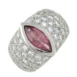 A platinum marquise-shape pink tourmaline and brilliant-cut diamond dress ring.Pink tourmaline