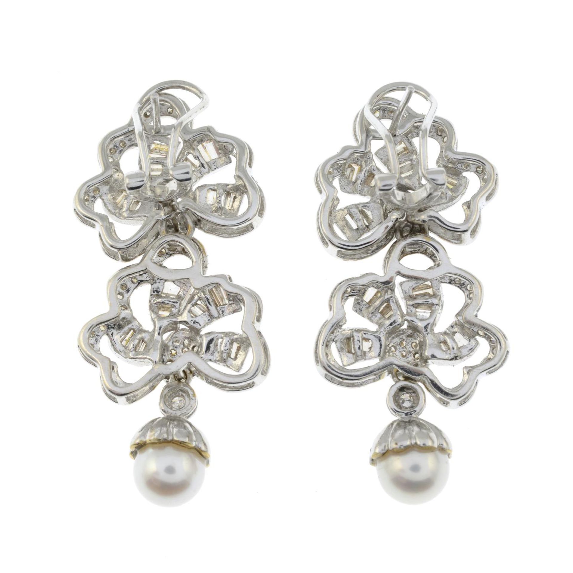 A pair of vari-cut diamond earrings, with cultured pearl drops. - Image 2 of 2