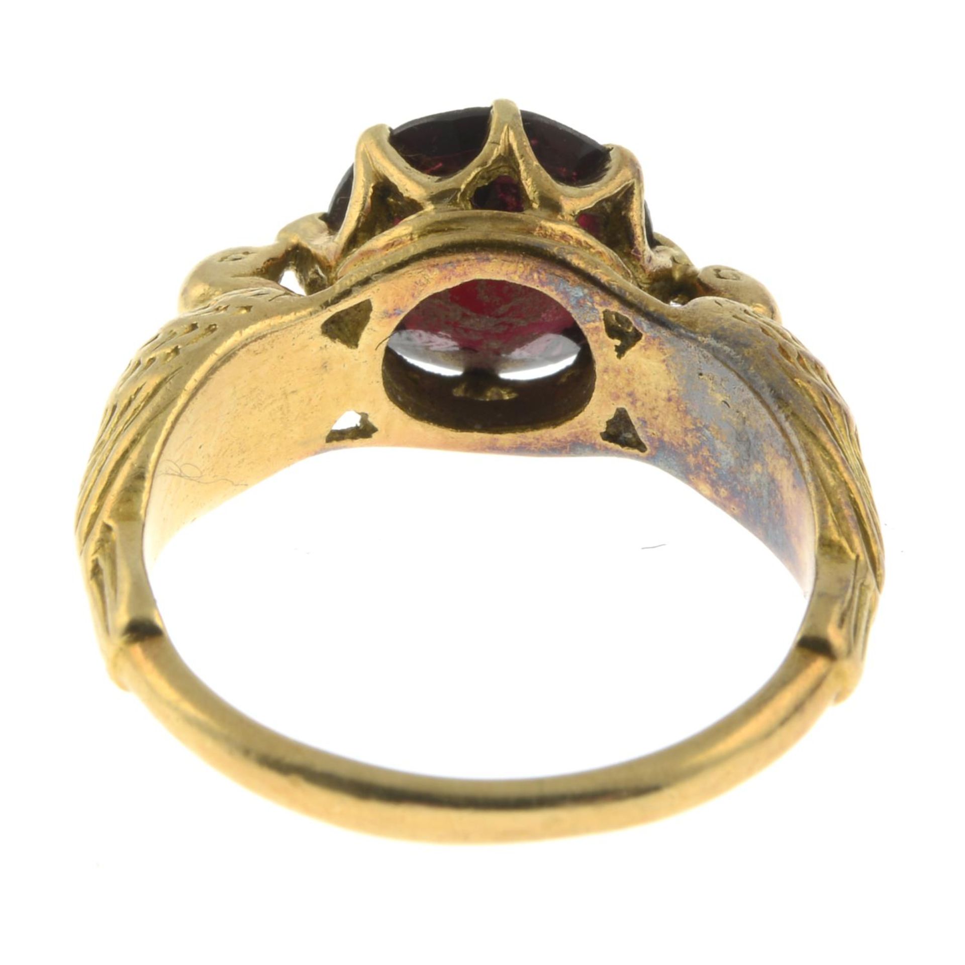 A 1960s 18ct gold garnet single-stone ring, with stylised duck sides. - Image 2 of 4