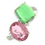 A pink and green tourmaline crossover ring,