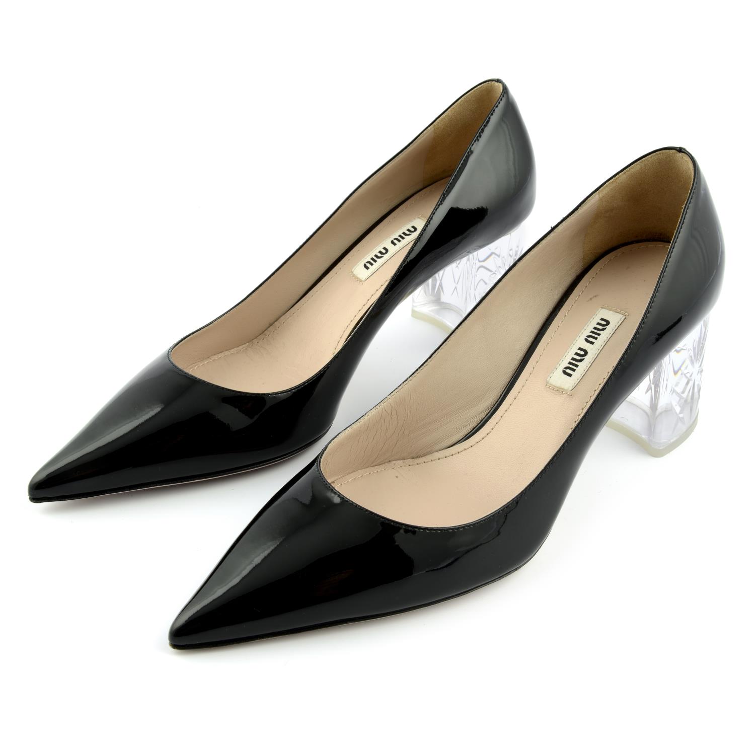 MIU MIU - a pair of black patent leather heeled pumps. - Image 2 of 5