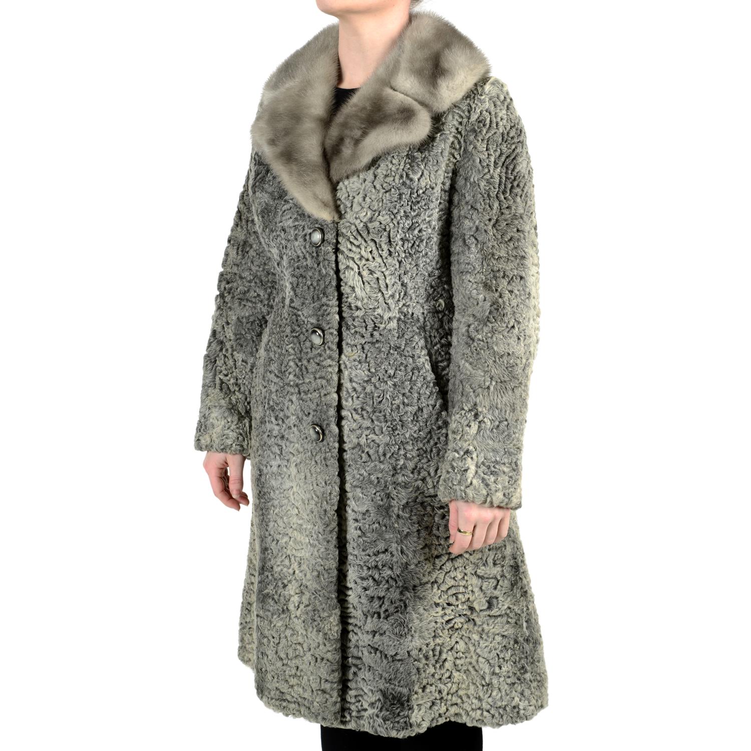 A three-quarter length karakul grey coat with sapphire mink collar and karakul hat. - Image 3 of 4