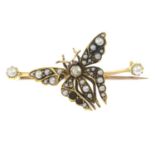 An early 20th century 18ct gold diamond, split pearl and ruby butterfly brooch.