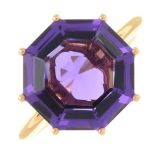 An 18ct gold amethyst single-stone ring.Amethyst weight 4.85cts,