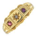 An Edwardian 15ct gold ruby and diamond ring.Hallmarks for Birmingham, 1904.Ring size N.