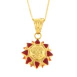 A red and orange enamel sun pendant, with 18ct gold chain.