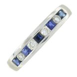 A platinum sapphire and diamond half eternity ring.Estimated total diamond weight 0.15ct.Hallmarks