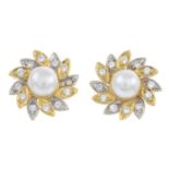 A pair of 18ct gold cubic zirconia and cultured pearl floral earrings.Approximate dimensions of one