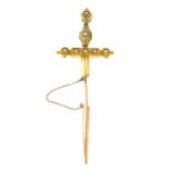 An early 20th century gold split pearl sword jabot pin.Length 7.8cms.