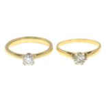 Two 18ct gold single stone diamond rings.Diamond weight 0.33 and 0.34cts stamped to bands.One with