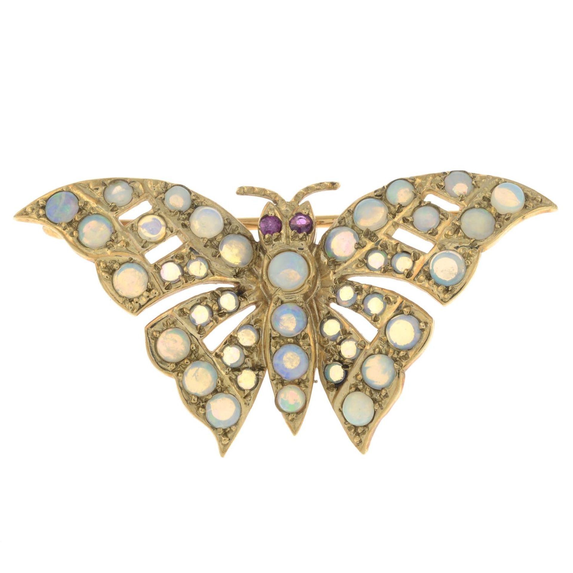 A 9ct gold opal and ruby butterfly brooch.