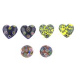 One-hundred-and-twenty vintage milliefiori glass hearts and cabochons.