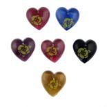 A selection of approximately one-hundred-and-twenty coloured glass hearts with rose motifs.