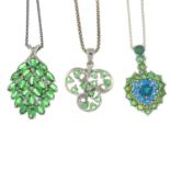 Three gem-set pendants and a pair of tsavorite and diamond earrings.All stamped 925.Length of