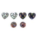 One-hundred-and-twenty vintage milliefiori glass hearts and cabochons.