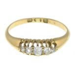 An early 20th century 9ct gold diamond five-stone ring.Estimated total diamond weight 0.20ct.