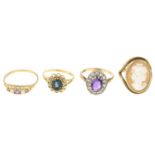 Three 9ct gold dress rings and a cameo ring.Three with hallmarks for 9ct gold.