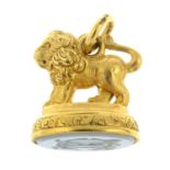 A late 19th century chalcedony fob seal, designed as a lion.Length 2.7cms.