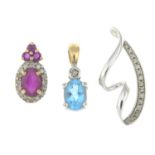 Six 9ct gold diamond and gem-set pendants.