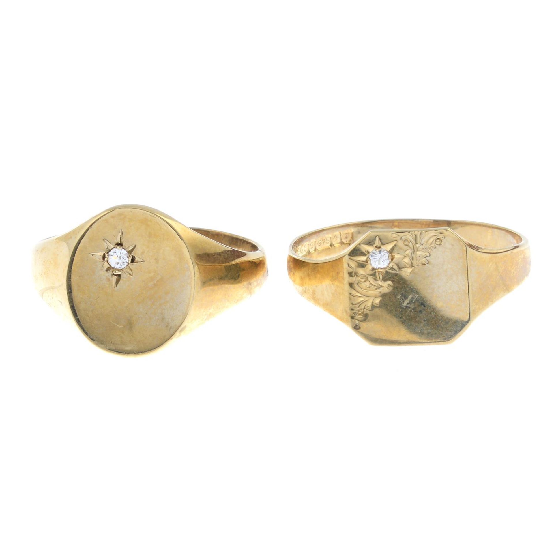 Two gentleman's 9ct gold cubic zirconia single-stone signet rings.Hallmarks for Birmingham,