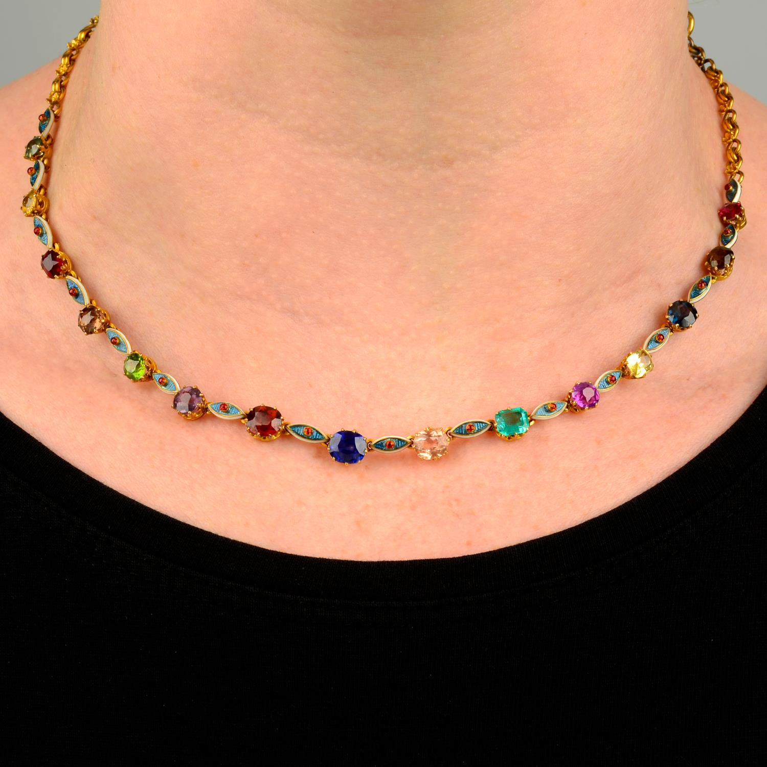 A late Victorian 15ct gold multi-gem and enamel necklace,