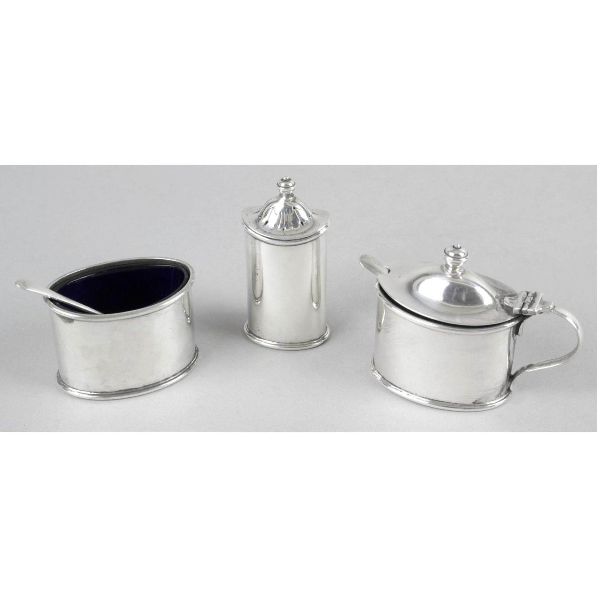 A 1930's matched silver three piece condiment set,