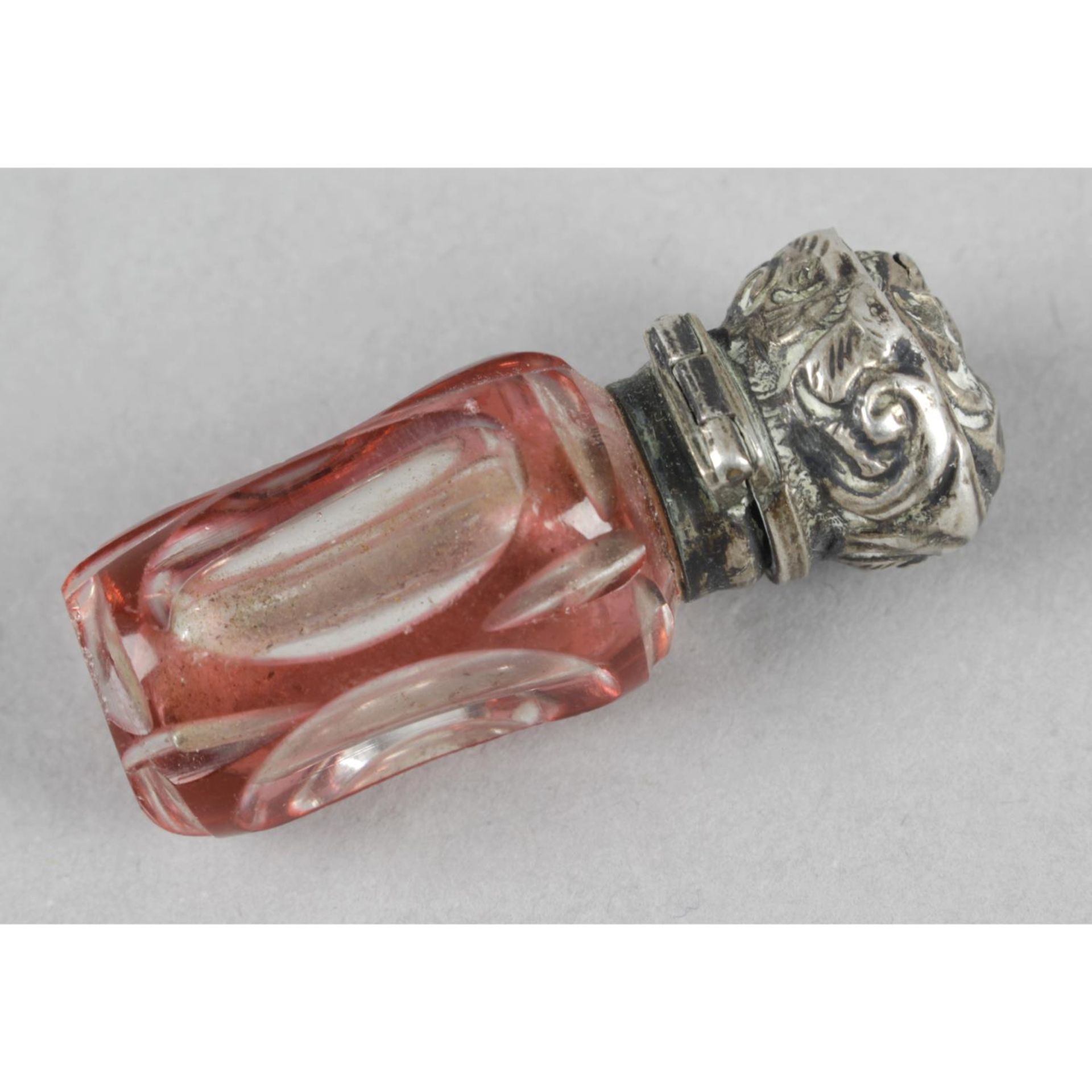A selection of five white metal mounted miniature glass scent bottles, - Image 2 of 3