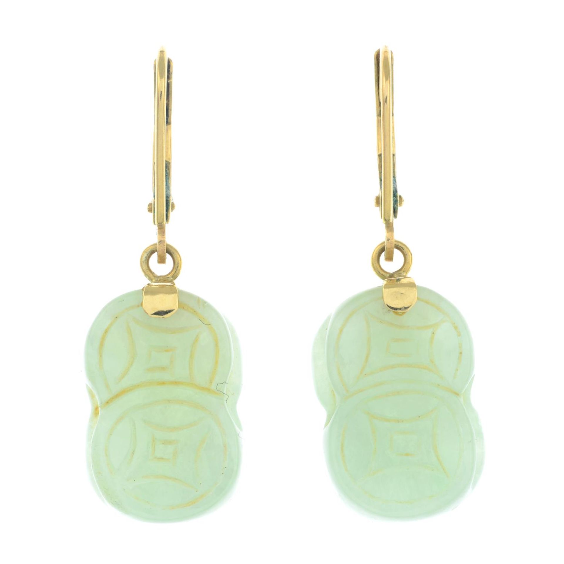 A pair of jade earrings.Stamped 14k.Length 3.2cms.