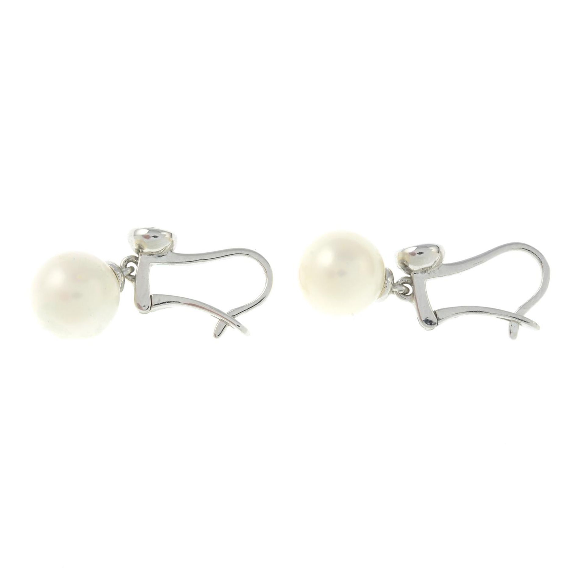 A pair of cultured pearl and brilliant-cut diamond earrings. - Image 2 of 2