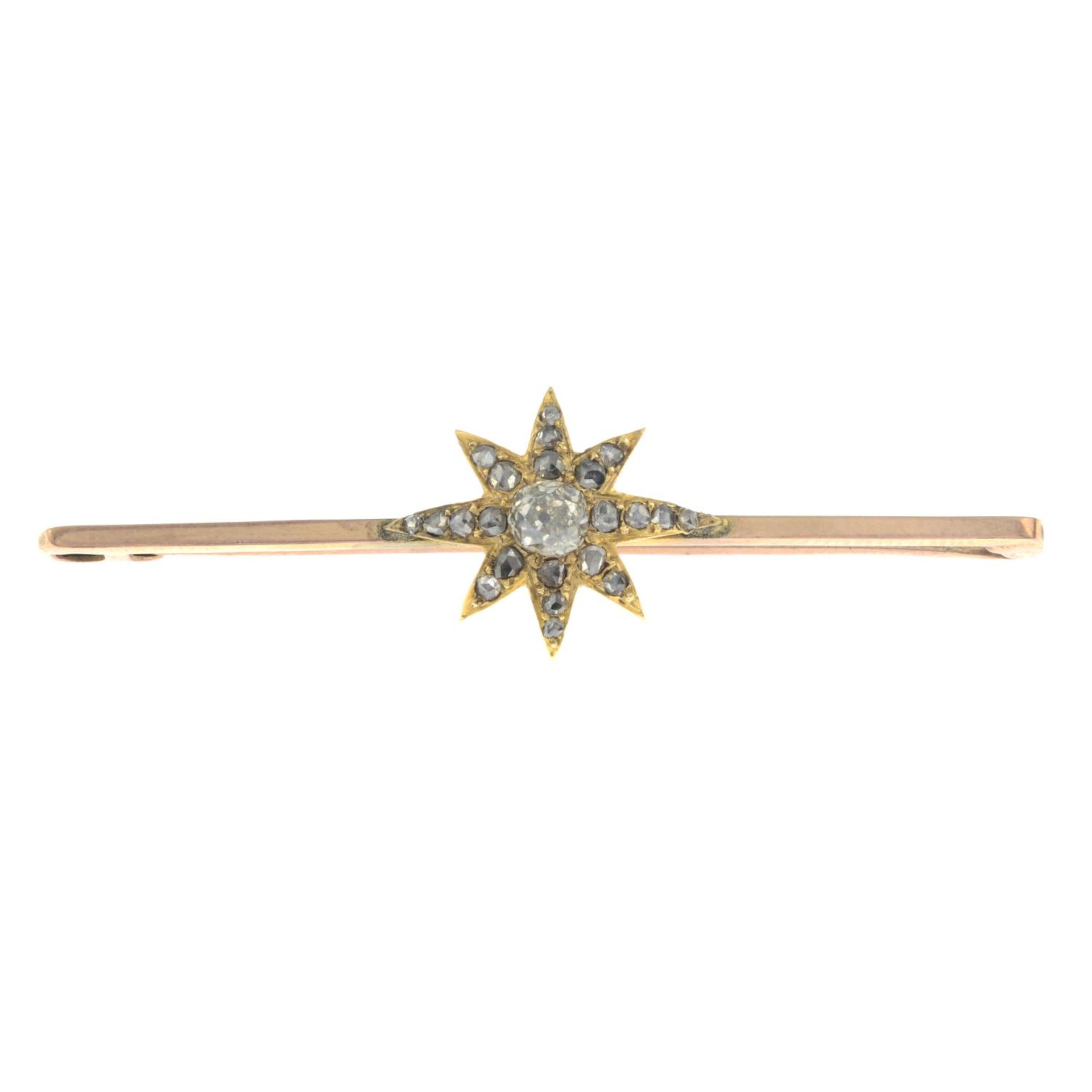 A 9ct gold old and rose-cut diamond star brooch.Principal diamond estimated weight 0.20ct,