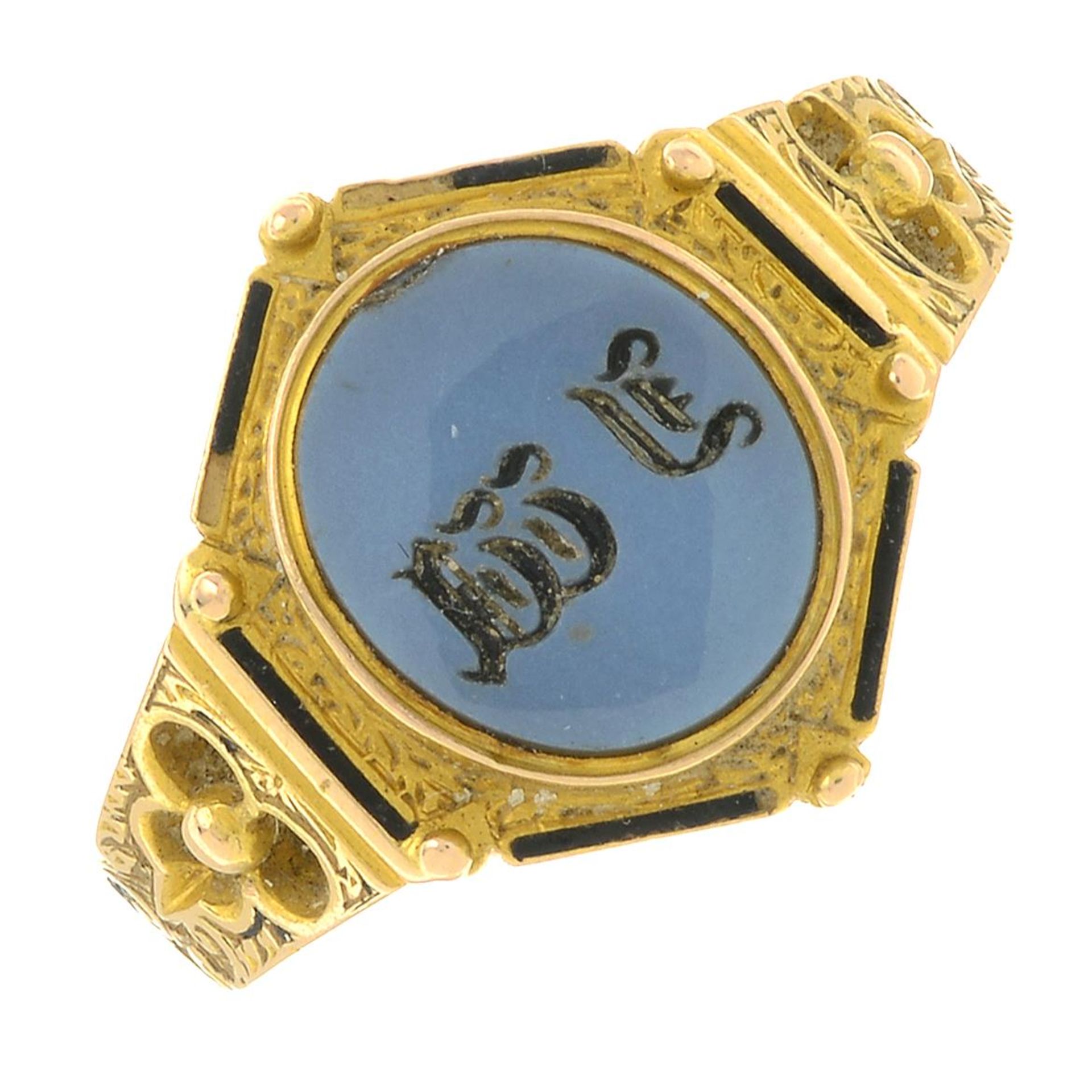 A mid Victorian 15ct gold sardonyx and enamel signet ring.Hallmarks for Birmingham,