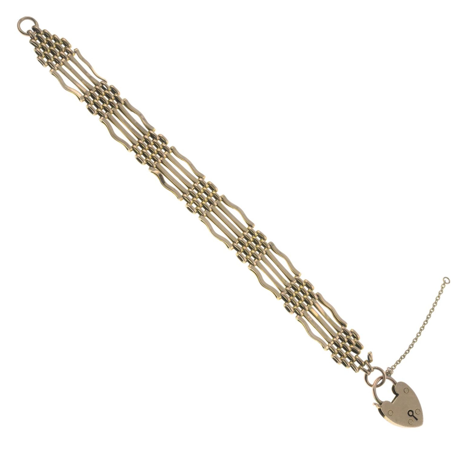 A fancy gate-link bracelet, with brick-link spacers, gathered at a 9ct gold heart padlock clasp. - Image 2 of 2