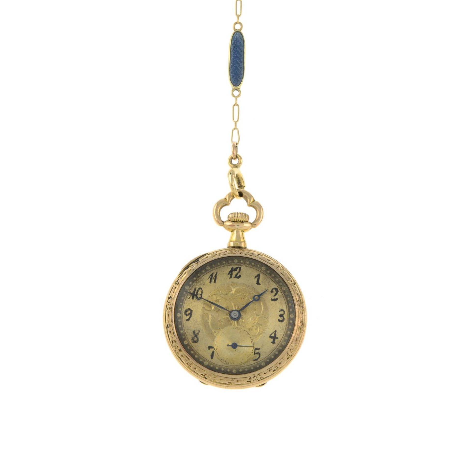 An early 20th century 14ct gold blue enamel pocket watch, with integral chain.