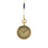 An early 20th century 14ct gold blue enamel pocket watch, with integral chain.