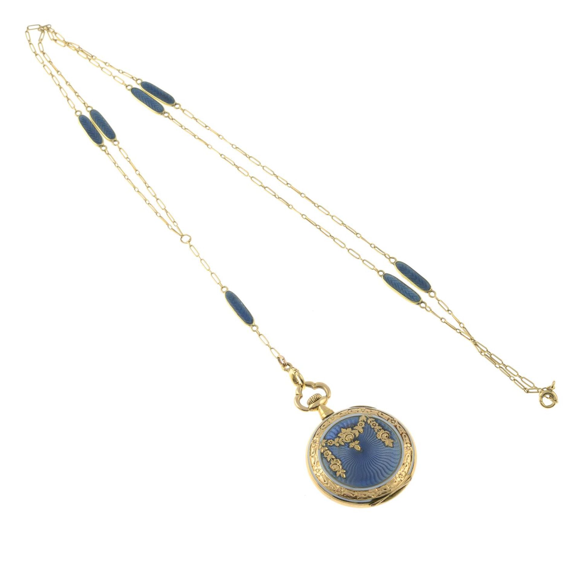 An early 20th century 14ct gold blue enamel pocket watch, with integral chain. - Bild 2 aus 2