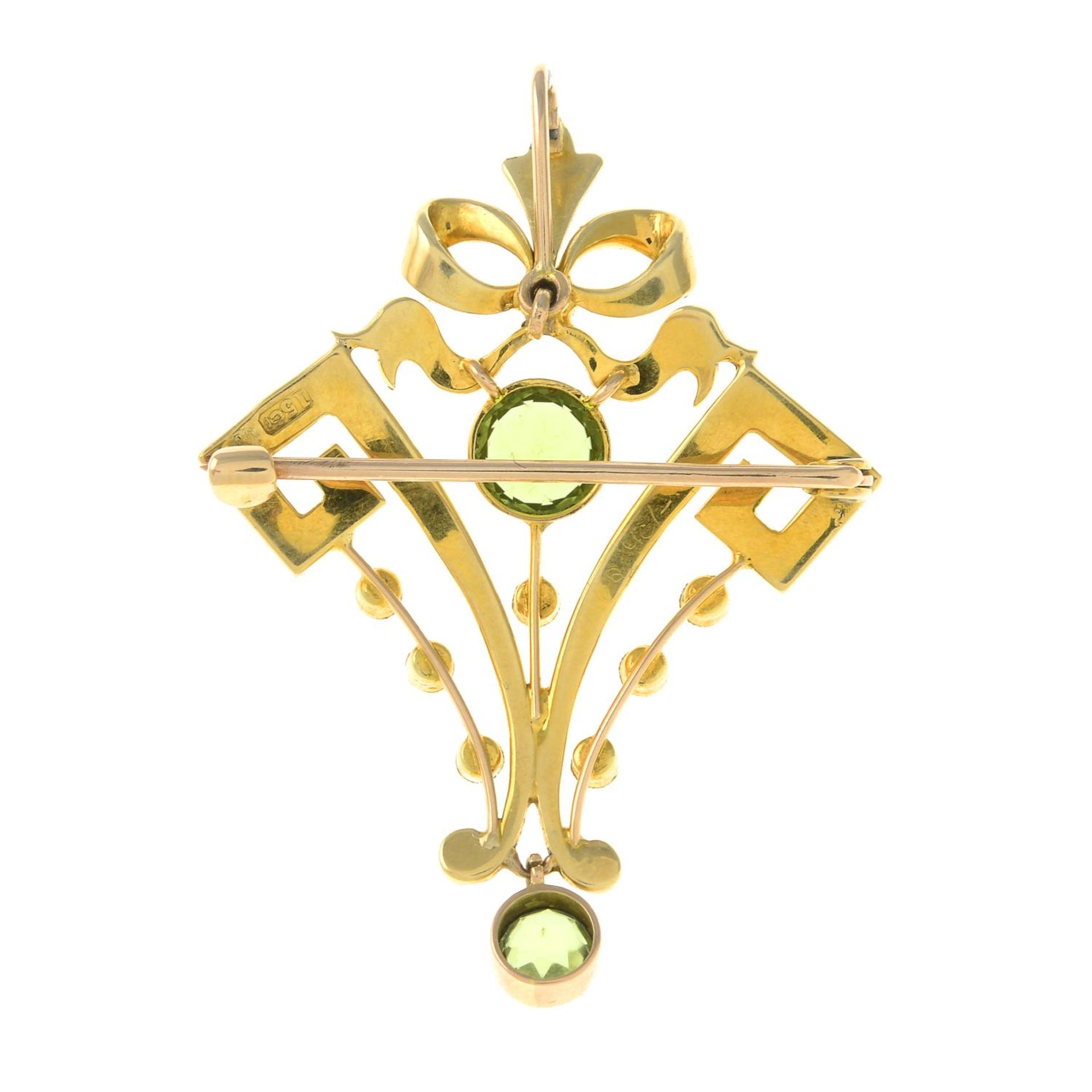 An early 20th century 15ct gold peridot and split pearl brooch. - Image 2 of 2