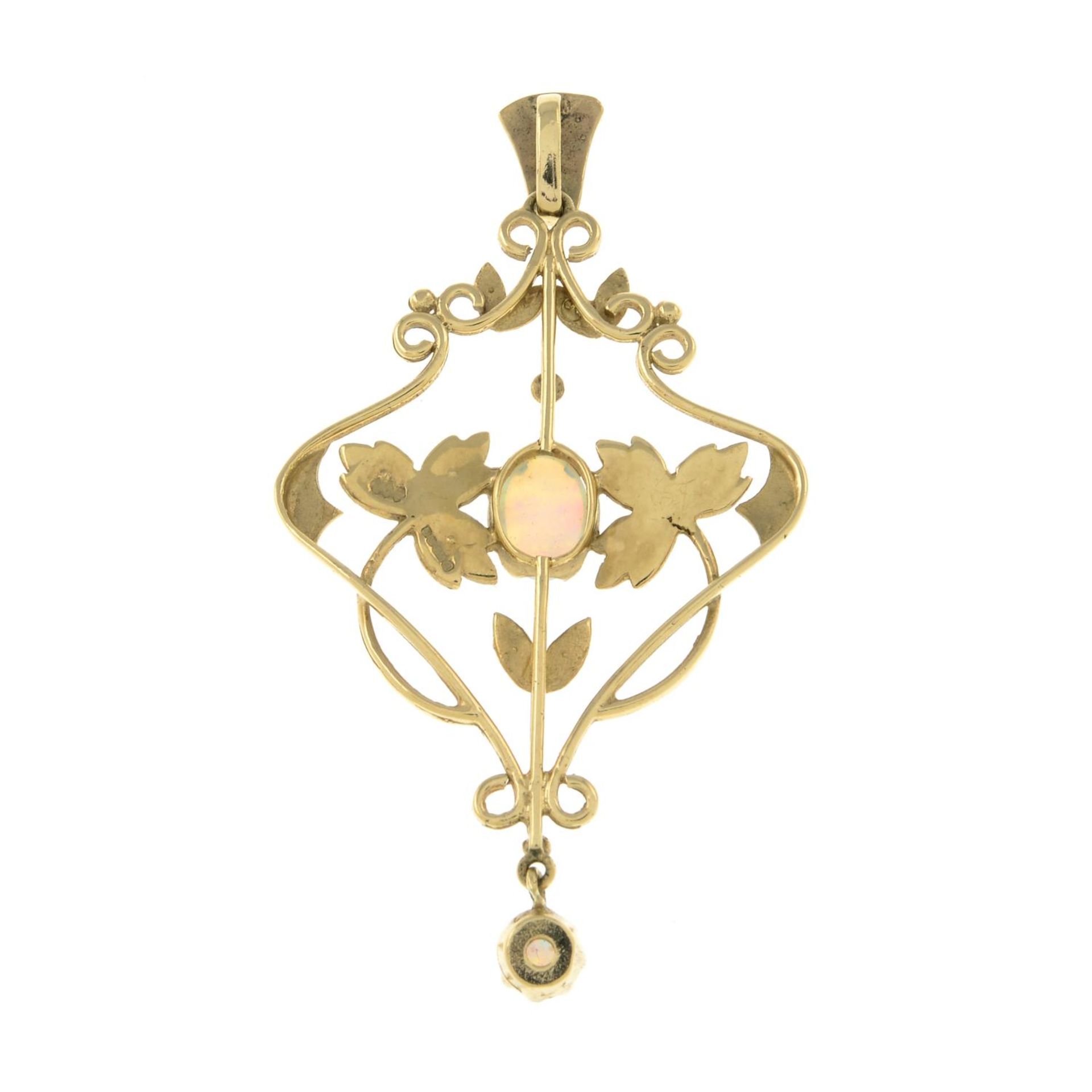 A 9ct gold opal and split pearl pendant.Hallmarks for Birmingham, 1990.Length 5cms. - Bild 2 aus 2