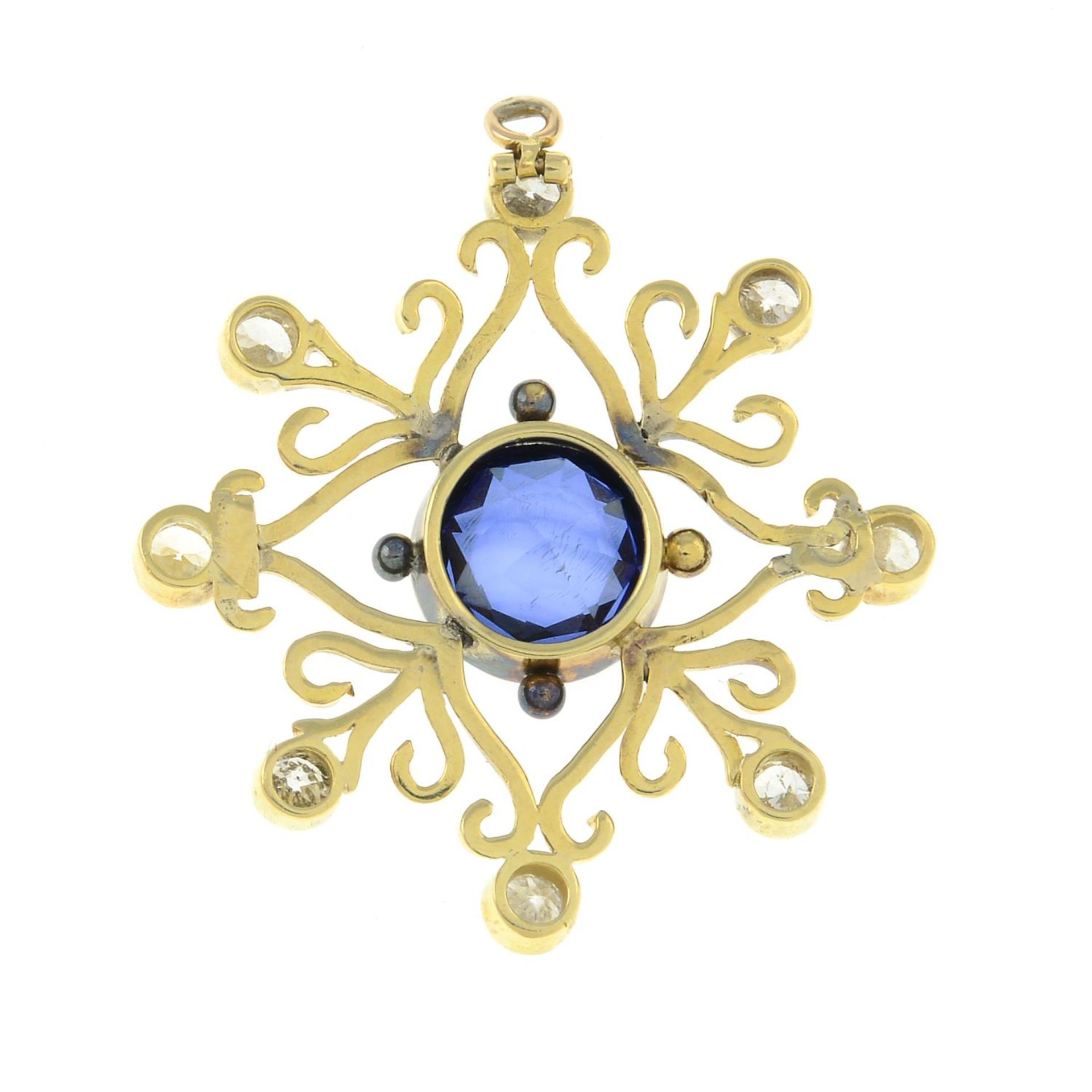 An early 20th century gold synthetic sapphire and brilliant-cut diamond pendant.Estimated total - Image 2 of 2