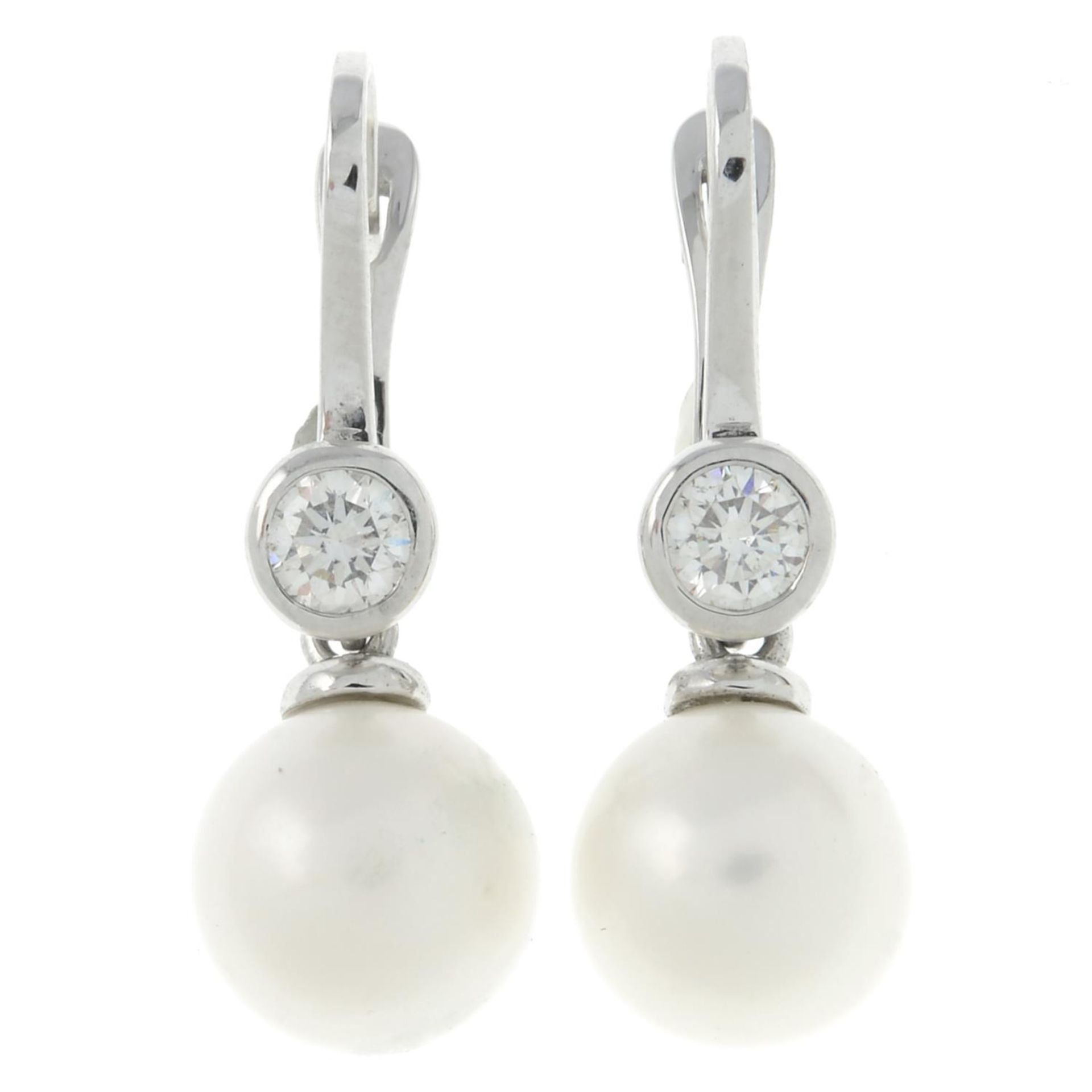 A pair of cultured pearl and brilliant-cut diamond earrings.