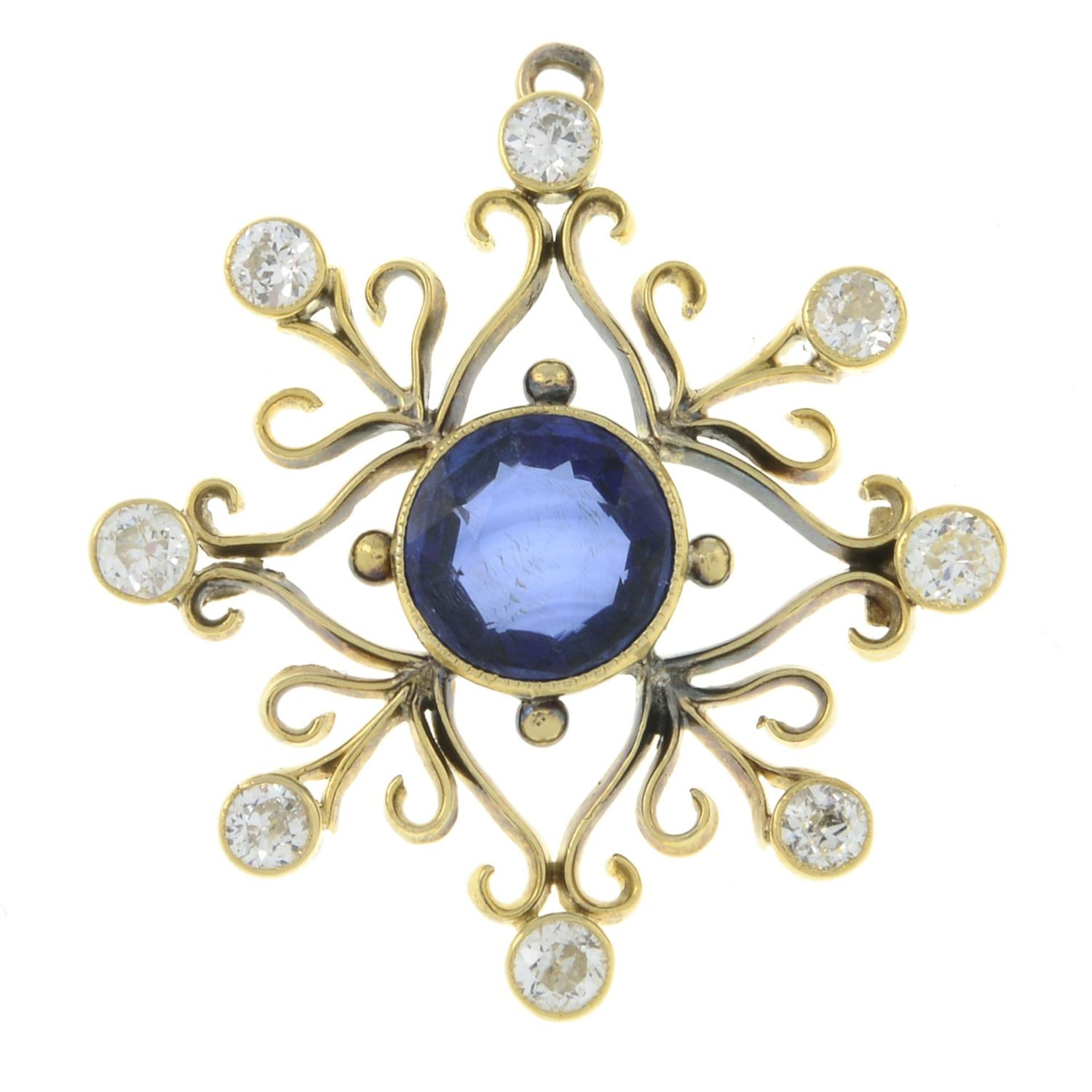 An early 20th century gold synthetic sapphire and brilliant-cut diamond pendant.Estimated total